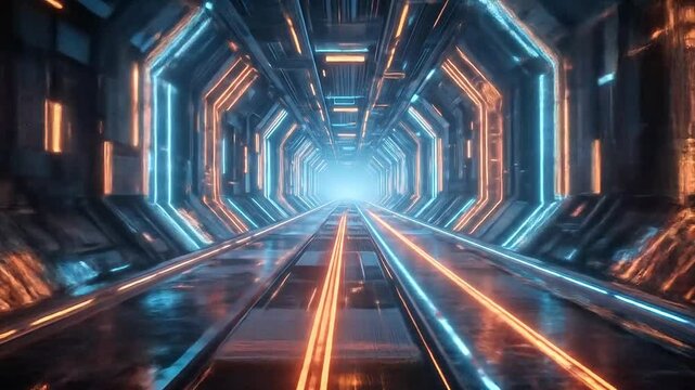 Cybernetic sci-fi world created from moving mesh gridlines and LED effects