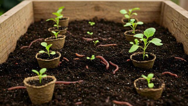 Seedlings Grow in Brown Pots with Worms Adding Nutrients within Wooden Frame