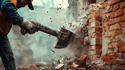 Worker Using Jackhammer to Demolish Brick Wall
