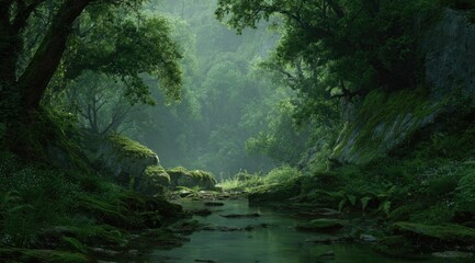 Obraz premium Lush, misty forest creek