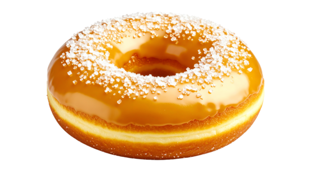 Delicious glazed donut with a soft texture and a light sprinkle of powdered sugar on top, perfect for sweet cravings.