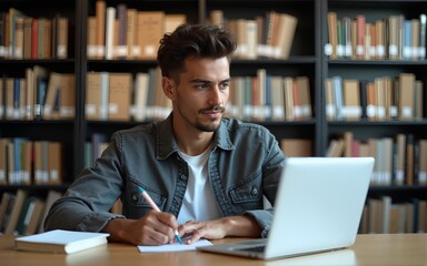 Thoughtful College Student Using Laptop Computer to Study in a Modern Library. Handsome Smart Man Learning Online, Getting Ready for Semester Exams, Drafting an Essay for Economics. High quality