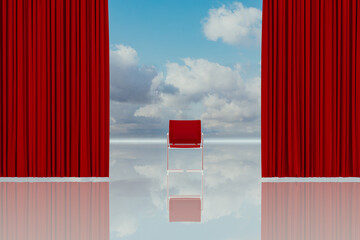 Solitary chair on stage with vivid curtain and reflective sky