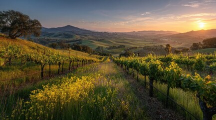Vineyard landscape at sunset.  Vast rolling hills, vineyards,  and wildflowers extend into a soft, golden sunset