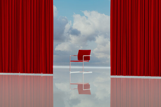Solitary chair on stage with vivid curtain and reflective sky