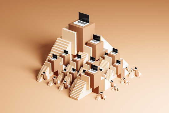 Ascending stage with laptops and stairs creating a unique landscape