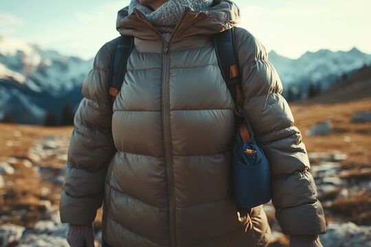 A hiker with a backpack and insulated jacket trekking through a snowy mountain range with rocky peaks in the background
