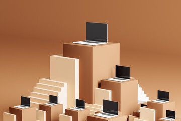 Ascending stage with laptops and stairs creating a unique landscape