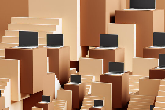 Ascending stage with laptops and stairs creating a unique landscape