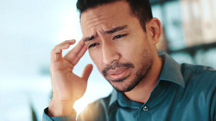 Night, business and man with pain, headache and burnout with deadline, stress and copywriting....