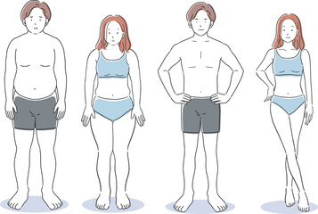 太った男女と痩せた男女の全身イラスト素材