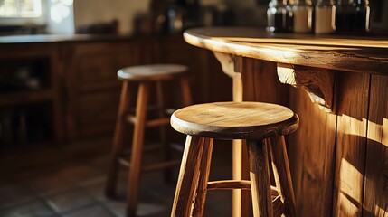 Wooden Stools at Kitchen Counter in Warm Natural Light