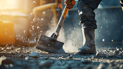 Worker Using Shovel on Construction Site