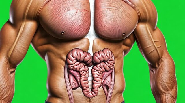 Anatomically Correct Male Body with Visible Organs on Green Background for Medical Illustration Use