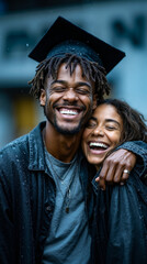 A man and a woman in graduation gowns hugging each other