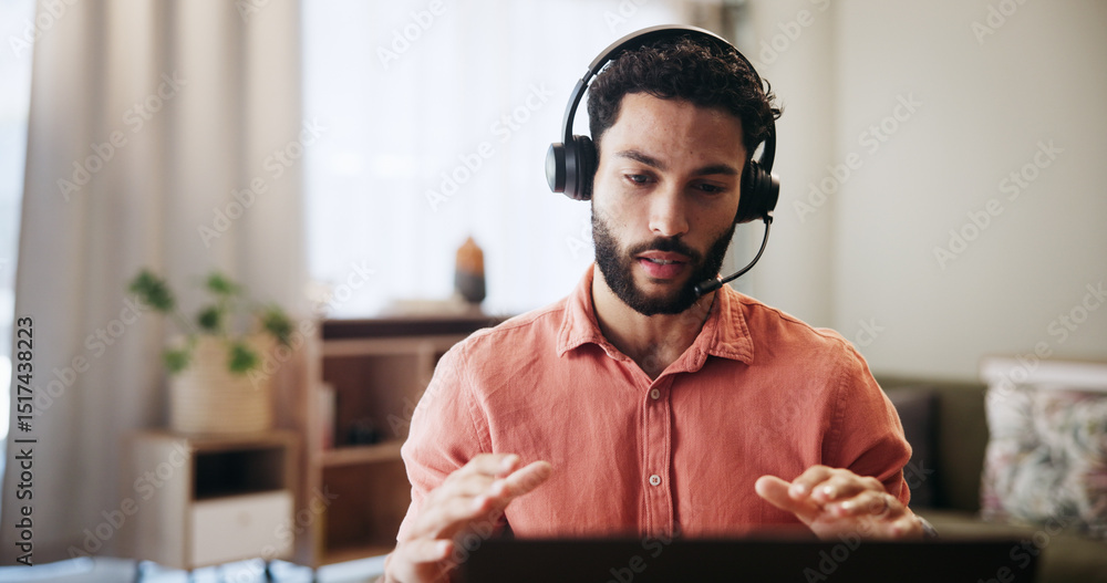 Aufkleber Man, headset and laptop in home for remote work, virtual receptionist or assistant for help. Male person, call center and customer service hotline with agent, talk and explanation for support