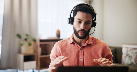 Man, headset and laptop in home for remote work, virtual receptionist or assistant for help. Male...