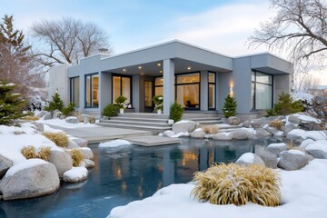 Modern house reflecting in a partially frozen pond during winter