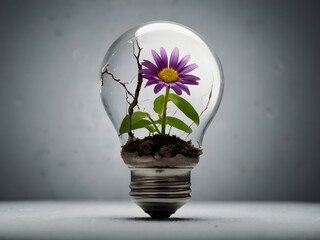 Blooming Bright Idea: A vibrant purple flower flourishes within a transparent lightbulb, its petals radiating against a neutral background, symbolizing the synergy of nature and innovative thinking.