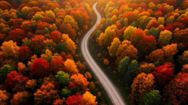 Winding Gravel Road Through Colorful Autumn Forest Aerial View at Sunset