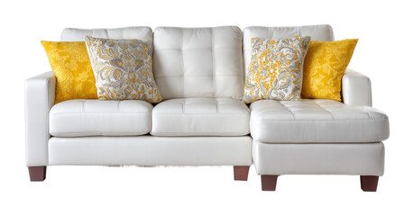 Modern white sofa with decorative pillows living room furniture cozy environment front view isolated on transparent background