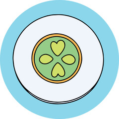 Obraz premium Flat lay of a white plate with a four-leaf clover design in green and orange, presented on a light-blue background. A simple, stylized representation of a plate with a decorative emblem.