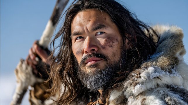 Close-up portrait of an Inuit hunter with a face marked by signs of struggle and experience