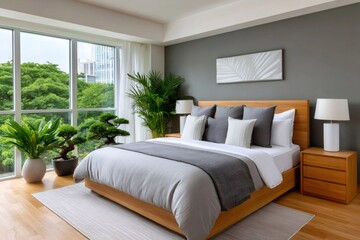 Fototapeta premium Modern bedroom with wooden furniture and houseplants overlooking city