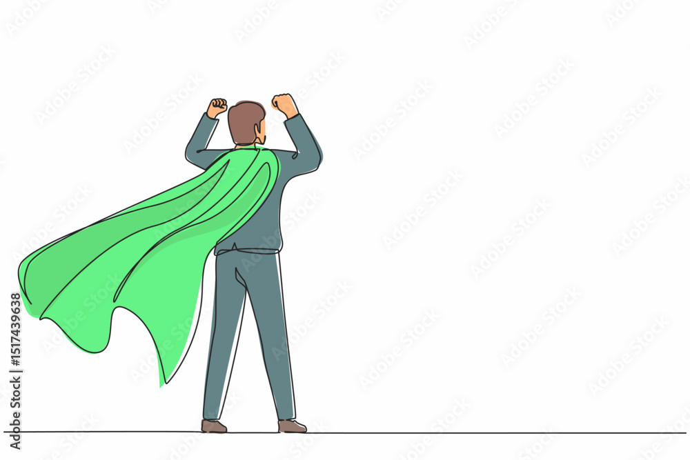 Poster single continuous line drawing back view super businessman. man in strong base and suit. success and
