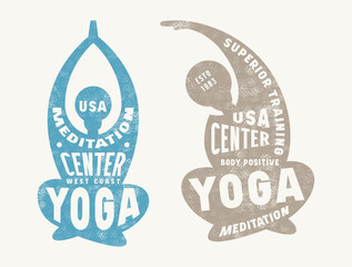 Body positive yoga class emblem. Graphic design with typographic and silhouettes of girl in asana. Color print on white background