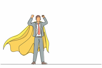 Fototapeta premium Single one line drawing businessman superhero character, office worker man superhero. Businessman in cloak or cape, standing in superhero pose. Continuous line draw design graphic vector illustration
