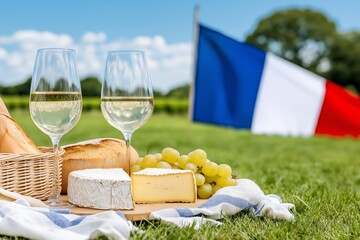 French picnic setup featuring wine glasses, cheese, bread, and grapes on a blanket, with the French flag waving in background, celebrating national pride and culture, French Flag Day,Republic Day,