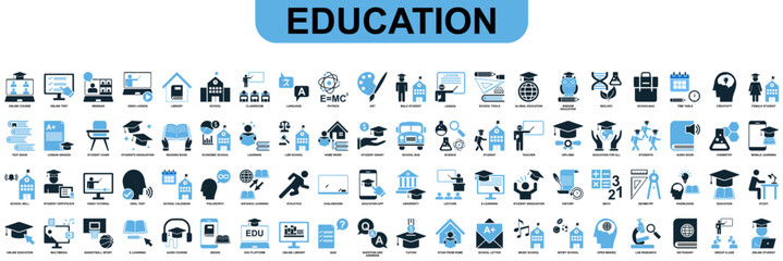 Set of school education icon vector for learning, teaching, and academic content. Ideal for education app, school dashboard, and classroom.