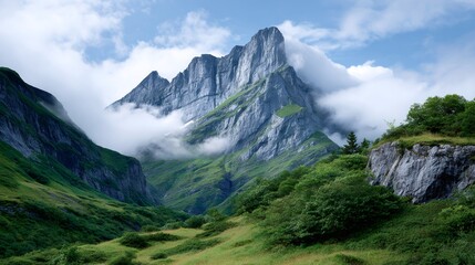 Obraz premium Clouds embracing the rocky peaks of the Alps in Switzerland