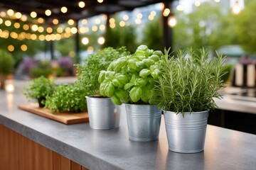 Fresh aromatic herbs growing in metal pots on outdoor kitchen countertop