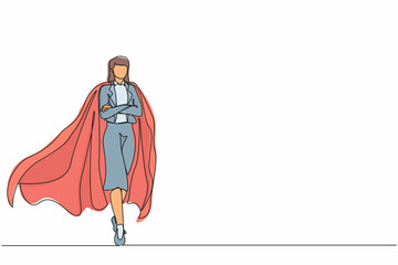 Fototapeta premium Continuous one line drawing determined young businesswoman or office worker super hero in cloak. The concept of leadership and strength in business. Single line draw design vector graphic illustration