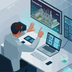 Virtual Factory Simulation Operator – Isometric Industrial Tech Illustration