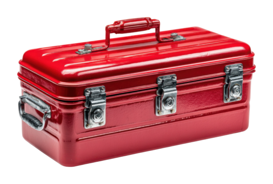 Creative toolbox red metal tool case for diy projects workshop product isolated on transparent background