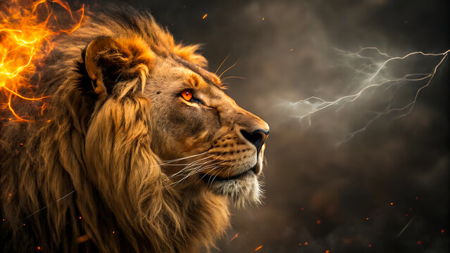 Majestic lion with fire and lightning effects, lion, male, king, fire, lightning, storm, power