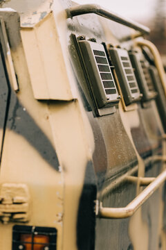 Military vehicle in a war setting showcases tactical design 