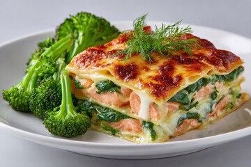Delicious lasagna with salmon and spinach, served with broccoli and dill