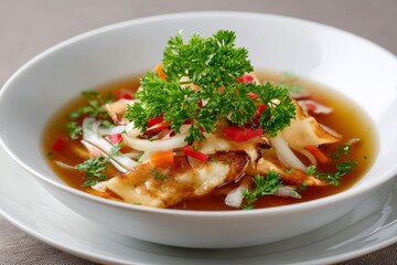 German pancake soup with carrots, onions and parsley, garnished with fresh herbs