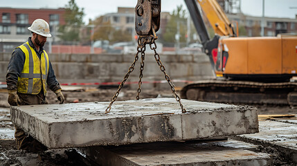 Fototapeta premium Construction Worker Supervising Crane-Lifted Concrete Slab