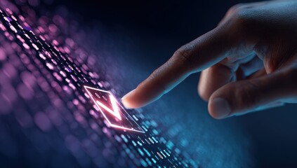 Hand touching glowing checkmark on digital matrix