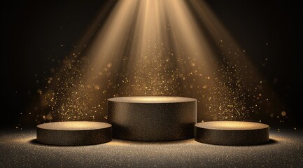 Dark, elegant podiums illuminated by golden spotlight