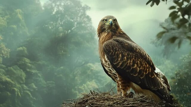 Majestic hawk perched on nest in tranquil forest environment showcasing nature's beauty