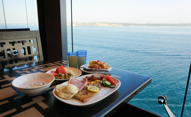 Dining Room Buffet aboard the abstract luxury cruise ship.