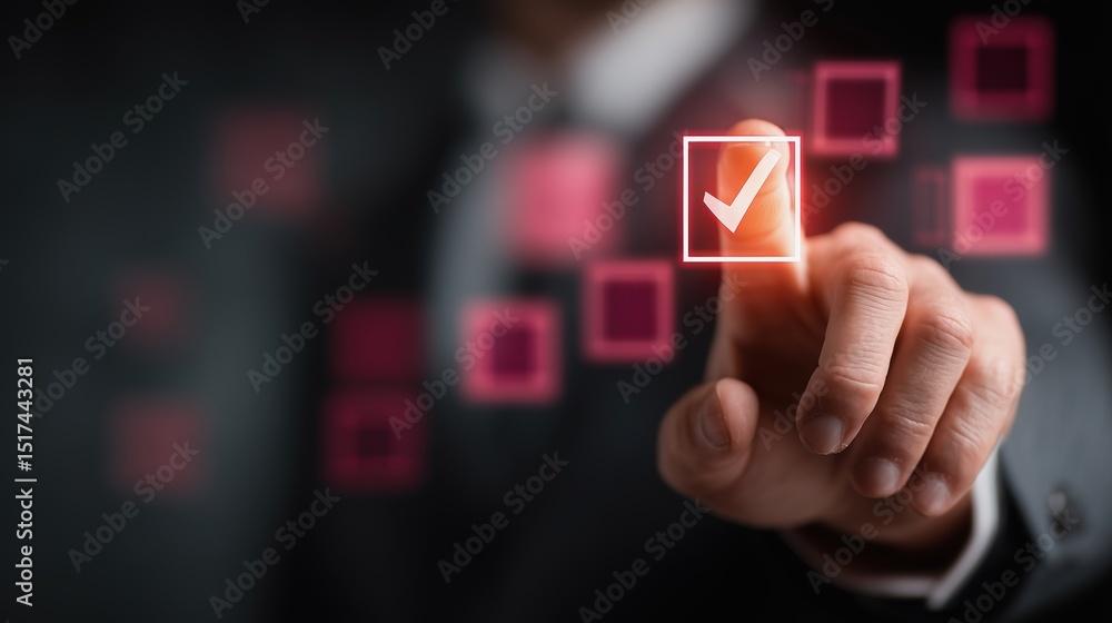 Poster a businessman touches a virtual checkmark icon, selecting an option on a digital interface.