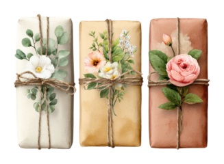 Beautifully wrapped floral gifts home digital elegant view gift ideas isolated on transparent background