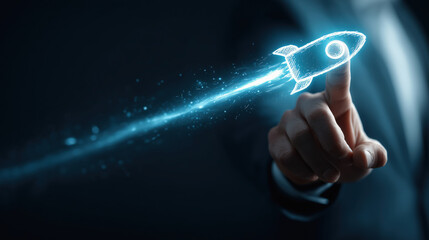 A person touches a glowing digital rocket, symbolizing innovation, technology, and startup growth.